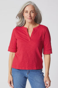 Split Neck Tee-Ruby