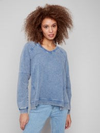 French Terry V Neck Top - denim -C1407