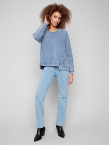 French Terry V Neck Top - denim -C1407