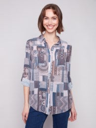 Button Up Blouse Front tie-4308PR-