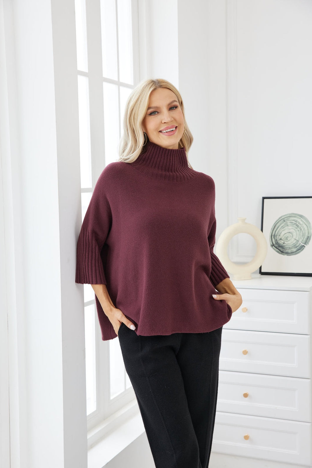 Ribbed Mock Neck Elbow Sleeve Sweater