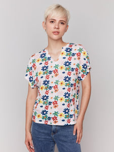 Printed Split Dolman Top / Daisies